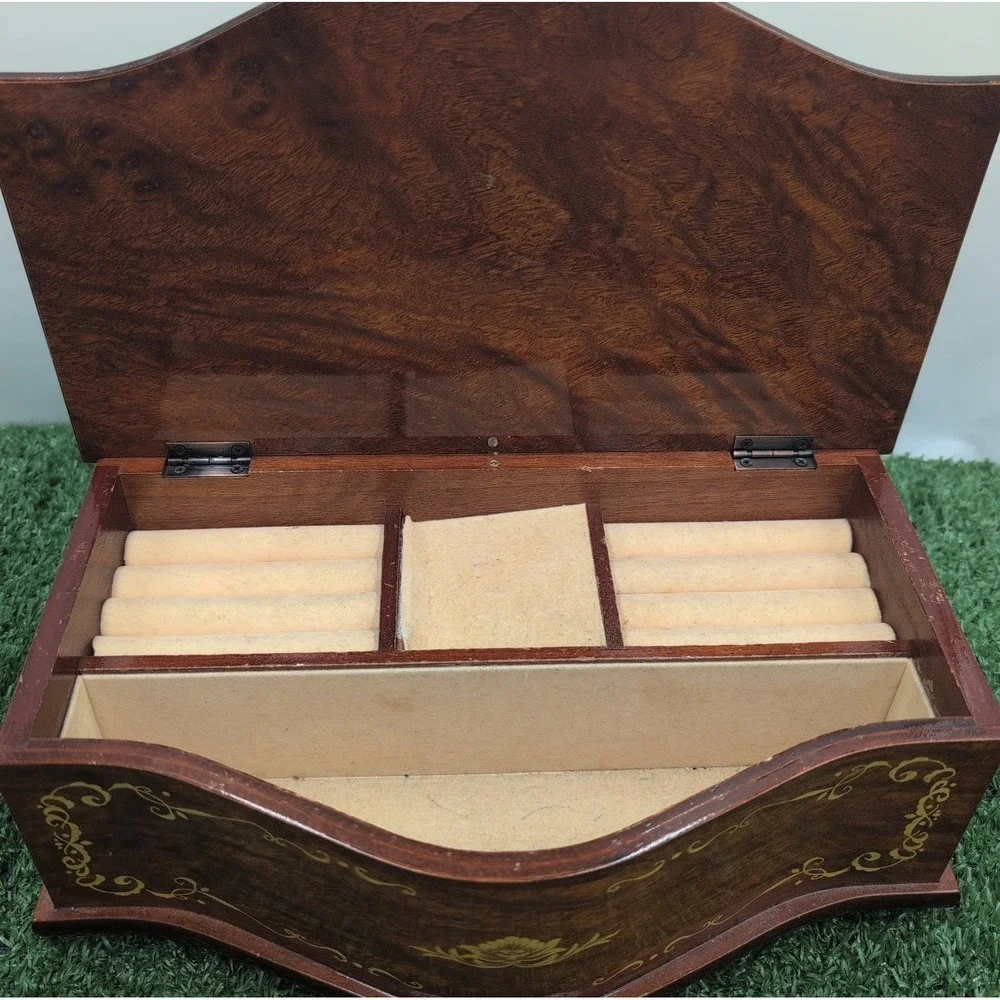 Vintage Linden Wood Floral Inlaid Music Box / Jewelry Box - Musical Theme